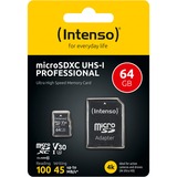 Intenso 3433490 memoria flash 64 GB MicroSDXC UHS-I Classe 10, Scheda di memoria 64 GB, MicroSDXC, Classe 10, UHS-I, 100 MB/s, 45 MB/s