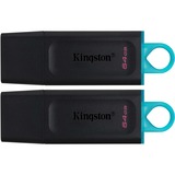 Kingston DataTraveler Drive Flash USB 3.2 Nero + Verde ottanio - 2 pezzi - ® Exodia, Chiavetta USB Nero/Turchese, 64 GB, USB tipo A, 3.2 Gen 1 (3.1 Gen 1), Cuffia, 22 g, Nero, Turchese