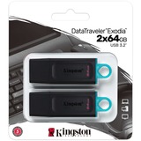 Kingston DataTraveler Drive Flash USB 3.2 Nero + Verde ottanio - 2 pezzi - ® Exodia, Chiavetta USB Nero/Turchese, 64 GB, USB tipo A, 3.2 Gen 1 (3.1 Gen 1), Cuffia, 22 g, Nero, Turchese