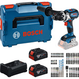 Bosch Set di utensili: trapano avvitatore a batteria 18 volt 110 Nm con 2 batterie 5,0 Ah, caricabatterie e set di punte, Set di strumenti boxed