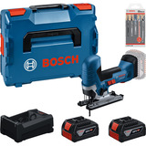 Bosch Set di seghetto alternativo a batteria con 2 batterie da 5,0 ampere-ora, caricabatterie rapido e set di lame per seghetto in L-BOXX, Set di strumenti boxed
