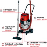 EINHELL TE-VC 36/30 Li S-Solo 30 L Aspiratore a cilindro Secco e bagnato Sacchetto per la polvere, Aspira bagnato / asciutto rosso/Argento, Aspiratore a cilindro, Secco e bagnato, Sacchetto per la polvere, 30 L, Filtro, 76 dB