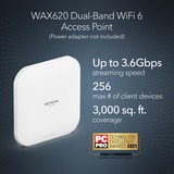 Netgear WAX620 3600 Mbit/s Bianco Supporto Power over Ethernet (PoE), Punto di accesso bianco, 2.4 GHz, 5 GHz, 3600 Mbit/s, EAP-TLS, PEAP, SSL/TLS, TTLS, WPA, WPA2, WPA3, 100,1000,2500 Mbit/s