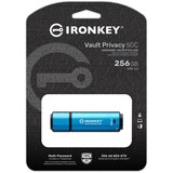 Kingston IronKey 256GB USB-C Vault Privacy 50C crittografia AES-256, FIPS 197, Chiavetta USB celeste/Nero, FIPS 197, 256 GB, USB tipo-C, 3.2 Gen 1 (3.1 Gen 1), 230 MB/s, Cuffia, Nero, Blu