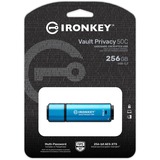 Kingston IronKey 256GB USB-C Vault Privacy 50C crittografia AES-256, FIPS 197, Chiavetta USB celeste/Nero, FIPS 197, 256 GB, USB tipo-C, 3.2 Gen 1 (3.1 Gen 1), 230 MB/s, Cuffia, Nero, Blu