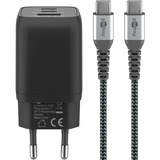 goobay Caricatore rapido USB-C Nano, PD, GaN, 65 Watt, cavo tessile USB-C, Caricabatterie Nero