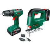 Bosch Avvitatore a percussione a batteria EasyImpact 18V-40 e seghetto alternativo a batteria EasySaw 18V-70, Set di strumenti verde/Nero