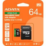 ADATA Speed Plus 64 GB MicroSDXC Classe 10, Scheda di memoria 64 GB, MicroSDXC, Classe 10, 160 MB/s, 140 MB/s, Class 3 (U3)