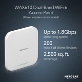 Netgear WAX610 1800 Mbit/s Bianco Supporto Power over Ethernet (PoE), Punto di accesso bianco, 2.4 GHz, 5 GHz, 1800 Mbit/s, EAP-PEAP, EAP-TLS, EAP-TTLS, PEAP, SSH, SSL/TLS, WPA, WPA2, WPA2-Enterprise, WPA3, 10,100,1000,2500 Mbit/s