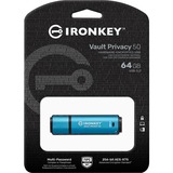 Kingston IronKey 64GB Vault Privacy 50 crittografia AES-256, FIPS 197, Chiavetta USB celeste/Nero, FIPS 197, 64 GB, USB tipo A, 3.2 Gen 1 (3.1 Gen 1), 250 MB/s, Cuffia, Nero, Blu