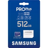 Samsung MicroSD PRO Plus 512 GB, Scheda di memoria blu, 512 GB, MicroSDXC, Classe 10, UHS-I, 180 MB/s, 130 MB/s