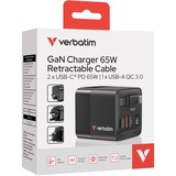 Verbatim GaN Charger 65W Universale Nero AC Ricarica rapida Interno, Caricabatterie Nero, Interno, AC, 20 V, 0,8 m, Nero