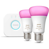 Philips Hue White & Color Ambiance Starter-Set: E27 lampada intelligente A60 confezione doppia, Lampada a LED Philips Hue White and Color ambiance Starter kit: 2 lampadine connesse E27 (1100), Kit di illuminazione intelligente, Bluetooth/Zigbee, Bianco, LED, E27, A60