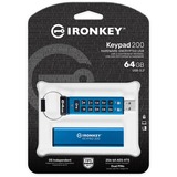 Kingston IronKey Keypad 200 da 64 GB, FIPS 140-3 livello 3 crittografata AES-256, Chiavetta USB FIPS 140-3 livello 3 crittografata AES-256, 64 GB, USB tipo A, 3.2 Gen 1 (3.1 Gen 1), 145 MB/s, Sleeve, Blu