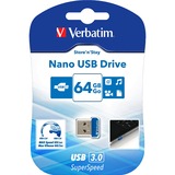 Verbatim Store 'n' Stay NANO - Memoria USB 3.0 da 64 GB - Blu, Chiavetta USB blu, 64 GB, USB tipo A, 3.2 Gen 1 (3.1 Gen 1), Cuffia, 3 g, Blu