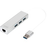 Digitus USB 3.0, Hub 3 porte & adattatore Gigabit LAN, Hub USB bianco, Hub 3 porte & adattatore Gigabit LAN, USB 3.2 Gen 1 (3.1 Gen 1) Type-A, USB 3.2 Gen 1 (3.1 Gen 1) Type-A, 1000 Mbit/s, Argento, Bianco, Alluminio, 0,2 m