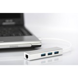 Digitus USB 3.0, Hub 3 porte & adattatore Gigabit LAN, Hub USB bianco, Hub 3 porte & adattatore Gigabit LAN, USB 3.2 Gen 1 (3.1 Gen 1) Type-A, USB 3.2 Gen 1 (3.1 Gen 1) Type-A, 1000 Mbit/s, Argento, Bianco, Alluminio, 0,2 m