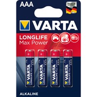 VARTA Longlife Max Power, Batteria Alcalina, AAA, Micro, LR03, 1.5V, Blister da 4, Made in Germany Batteria Alcalina, AAA, Micro, LR03, 1.5V, Blister da 4, Made in Germany, Batteria monouso, Mini Stilo AAA, Alcalino, 1,5 V, 4 pz, Oro, Rosso