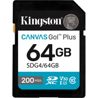 Kingston Canvas Go! Plus 64GB SDXC Canvas Go Plus Gen4 200MB/s C10 UHS-I U3 V30, Scheda di memoria Nero, 64 GB, SDXC, Classe 10, UHS-I, 200 MB/s, 100 MB/s