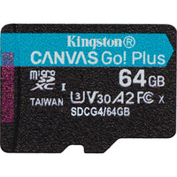 Kingston 64 GB microSDXC Canvas Go Plus Gen4 200R A2 U3 Confezione singola senza ADP, Scheda di memoria Nero, 64 GB, MicroSD, Classe 10, UHS-I, 200 MB/s, 100 MB/s
