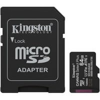 Kingston 64GB microSDXC Canvas Select Plus Gen3 100MB/s A1 (Adattatore SD incluso), Scheda di memoria Nero, 64 GB, MicroSDXC, Classe 10, UHS-I, 100 MB/s, Class 1 (U1)