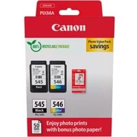 Canon Multipack 2pz cartuccia originale 545+546 (nero+colori) - inclusi 50 fogli carta fotografica 10x15cm, Inchiostro Nero, Ciano, Magenta, Giallo, 8 ml, 8 ml, 2 pz, 180 pagine, Confezione di qualità per foto