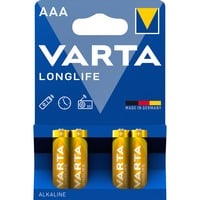 VARTA Longlife, Batteria Alcalina, AAA, Micro, LR03, 1.5V, Blister da 4, Made in Germany Batteria Alcalina, AAA, Micro, LR03, 1.5V, Blister da 4, Made in Germany, Batteria monouso, Mini Stilo AAA, Alcalino, 1,5 V, 4 pz, Oro, Giallo