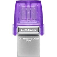 Kingston DataTraveler 256GB microDuo 3C 200MB/s dual USB-A + USB-C, Chiavetta USB viola/trasparente, 256 GB, USB Type-A / USB Type-C, 3.2 Gen 1 (3.1 Gen 1), 200 MB/s, Altro, Acciaio inox, Viola