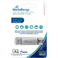MediaRange MR937 unità flash USB 64 GB USB Type-A / USB Type-C 3.2 Gen 1 (3.1 Gen 1) Argento, Chiavetta USB argento/trasparente, 64 GB, USB Type-A / USB Type-C, 3.2 Gen 1 (3.1 Gen 1), 70 MB/s, Cuffia, Argento