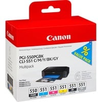 Canon Cartuccia d'inchiostro Multipack PGI-550 PGBK / CLI-551 BK/C/M/Y/GY Nero per foto, Ciano per foto, Grigio per foto, Magenta per foto, Nero, Giallo foto, Inchiostro a base di pigmento, Inchiostro colorato, 6 pz, Confezione multipla