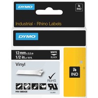 Dymo Rhino Etichette in vinile industriale | 12 mm x 5,5 m | Stampa bianca su nero | Autoadesive | per LabelManager e Rhino Label Makers, Nastro di scrittura 5 m | Stampa bianca su nero | Autoadesive | per LabelManager e Rhino Label Makers, Bianco su nero, Multicolore, Vinile, -40 - 80 °C, UL 969, DYMO